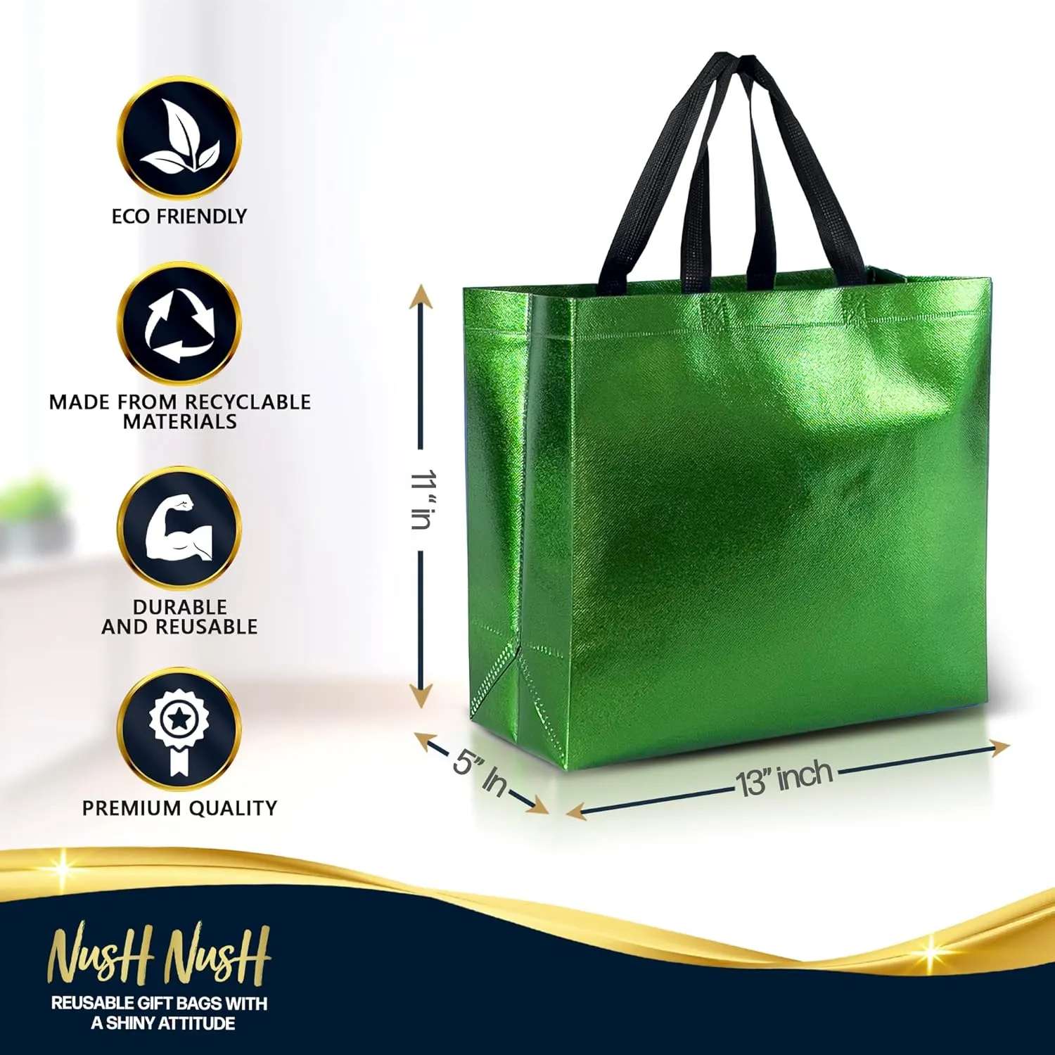 Nush Nush Green Gift Bags - Large Reusable Set of 12 with Handles - Perfect for Goodie Bags, Christmas Gifts, Parties - 13Wx5Dx11H Size