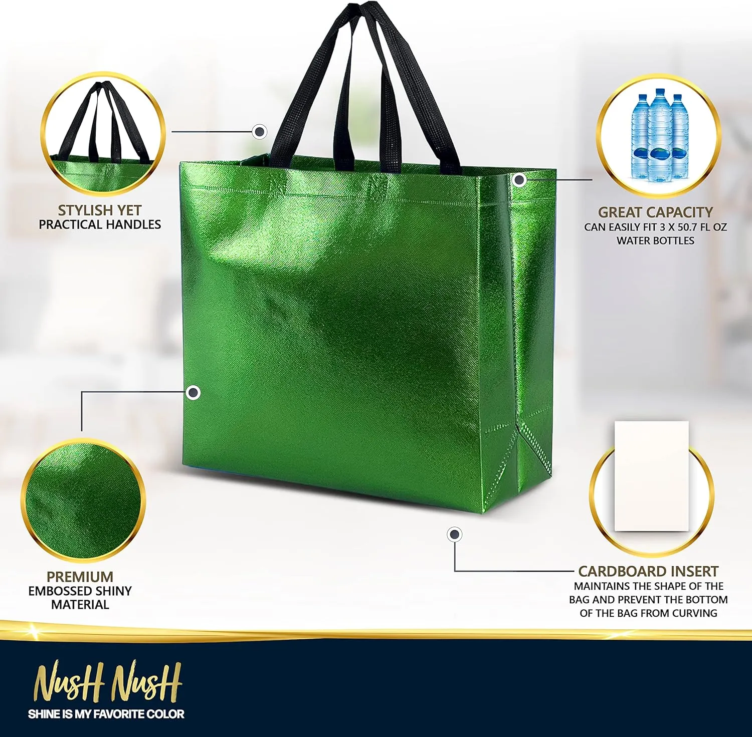 Nush Nush Green Gift Bags - Large Reusable Set of 12 with Handles - Perfect for Goodie Bags, Christmas Gifts, Parties - 13Wx5Dx11H Size