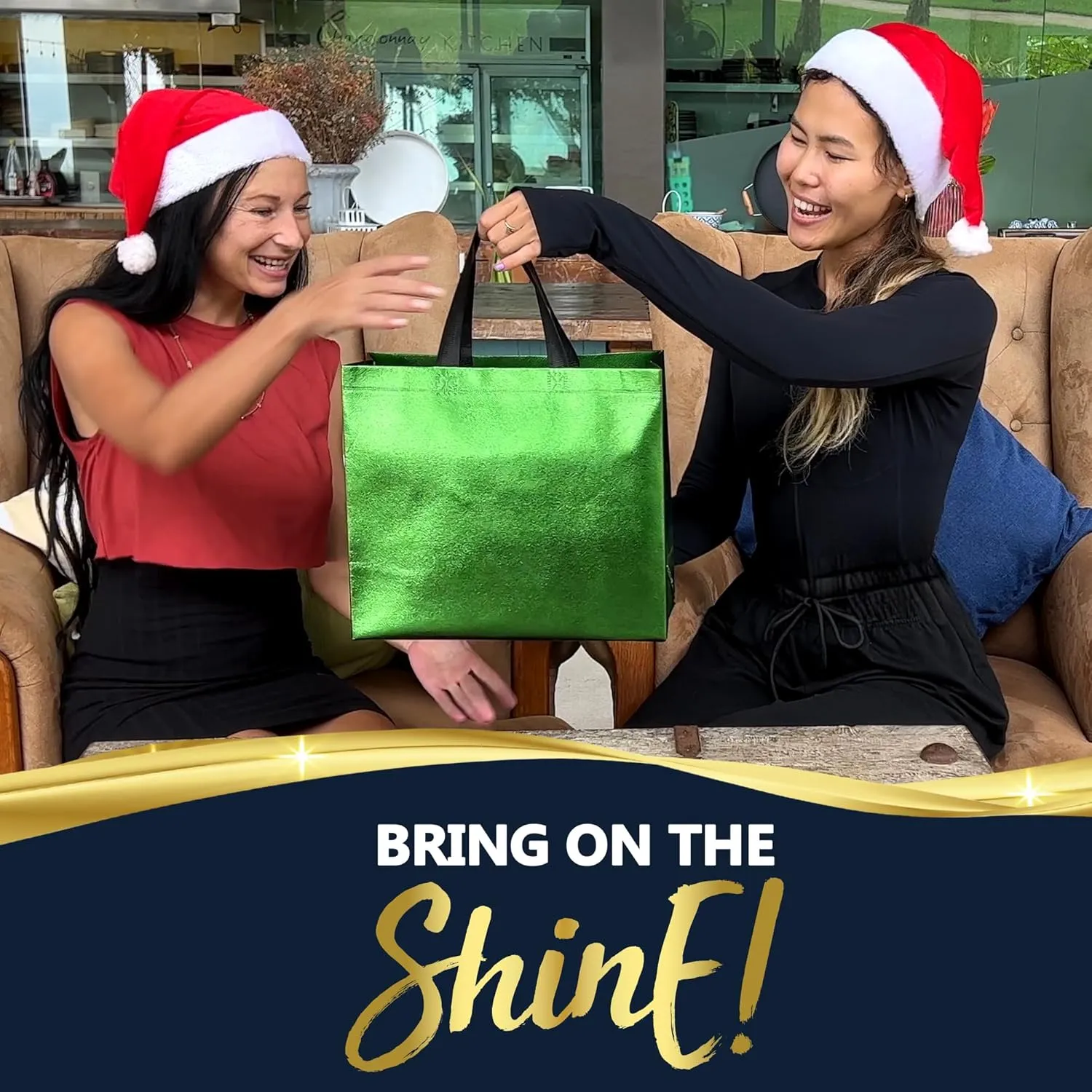 Nush Nush Green Gift Bags - Large Reusable Set of 12 with Handles - Perfect for Goodie Bags, Christmas Gifts, Parties - 13Wx5Dx11H Size