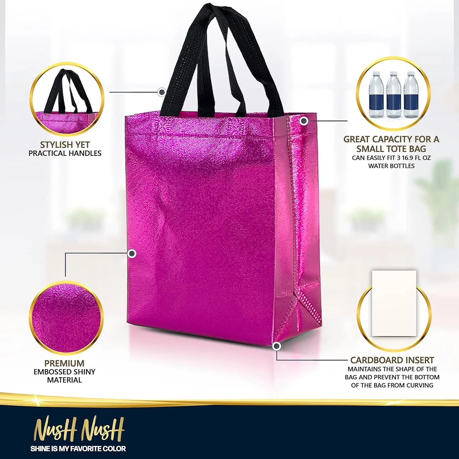 Nush Nush Hot Pink Medium Gift Bags - Set of 12 Shiny Fuchsia Reusable With Handles - Goodie, Birthday, Party Favor Bags in Bulk - 8Wx4Dx10H Size