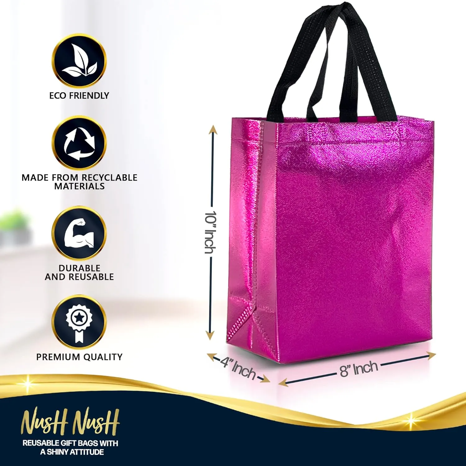 Nush Nush Hot Pink Medium Gift Bags - Set of 12 Shiny Fuchsia Reusable With Handles - Goodie, Birthday, Party Favor Bags in Bulk - 8Wx4Dx10H Size