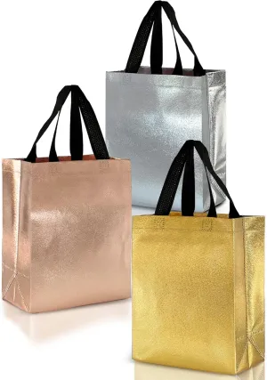 Nush Nush Luxury Mix Color Reusable Gift Bags Medium Size - Mix Color Set with 4 Rose Gold, 4 Silver, 4 Gold Gift Bags in Bulk - Birthday Gift Bags With Handles, Goodie Bags, Party Favor Bags - 8X4X10