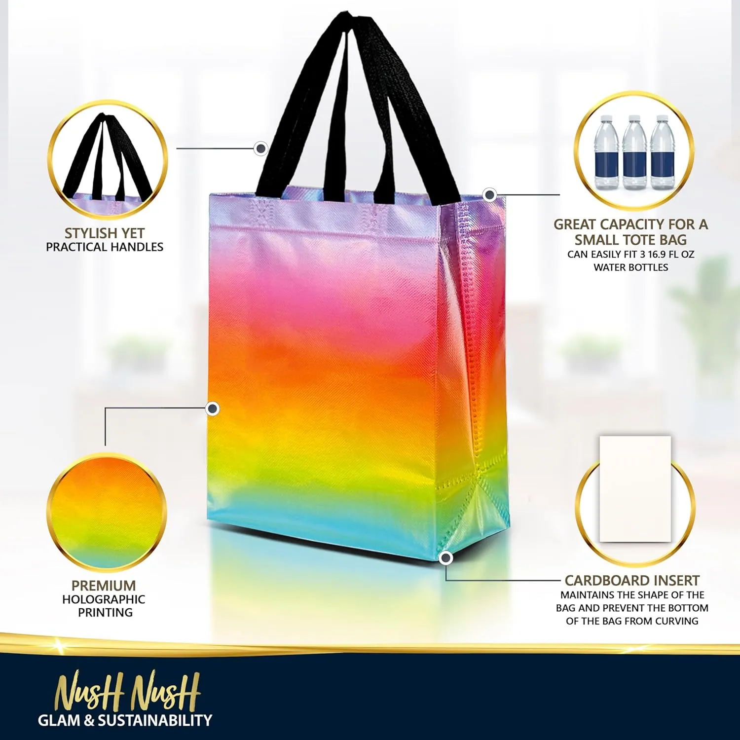 Nush Nush Set of 12 Reusable Gradient Gift Bags - 3 Stunning Rainbow Designs - Medium Size (8" x 4" x 10") - Perfect for Birthday, Anniversary, Baby Shower & More