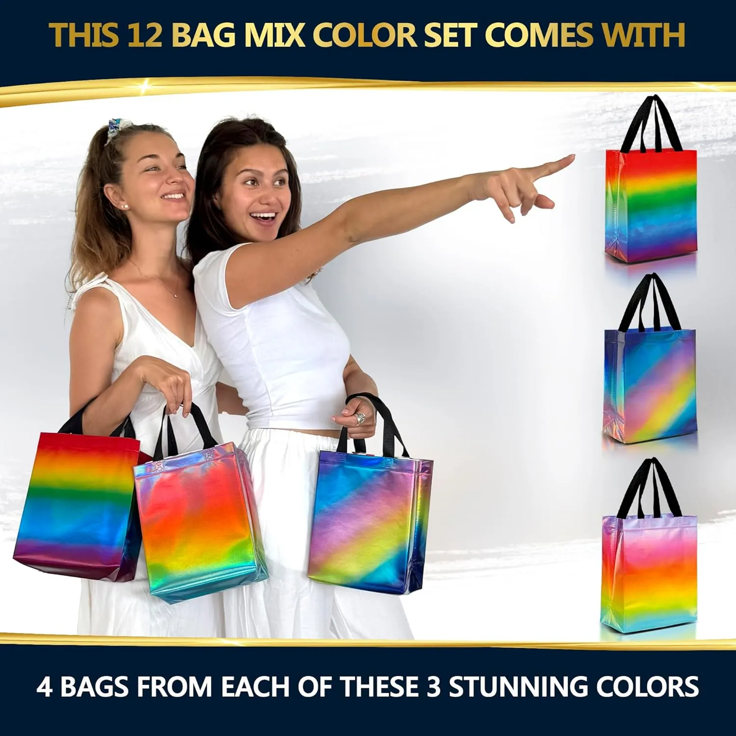 Nush Nush Set of 12 Reusable Gradient Gift Bags - 3 Stunning Rainbow Designs - Medium Size (8" x 4" x 10") - Perfect for Birthday, Anniversary, Baby Shower & More