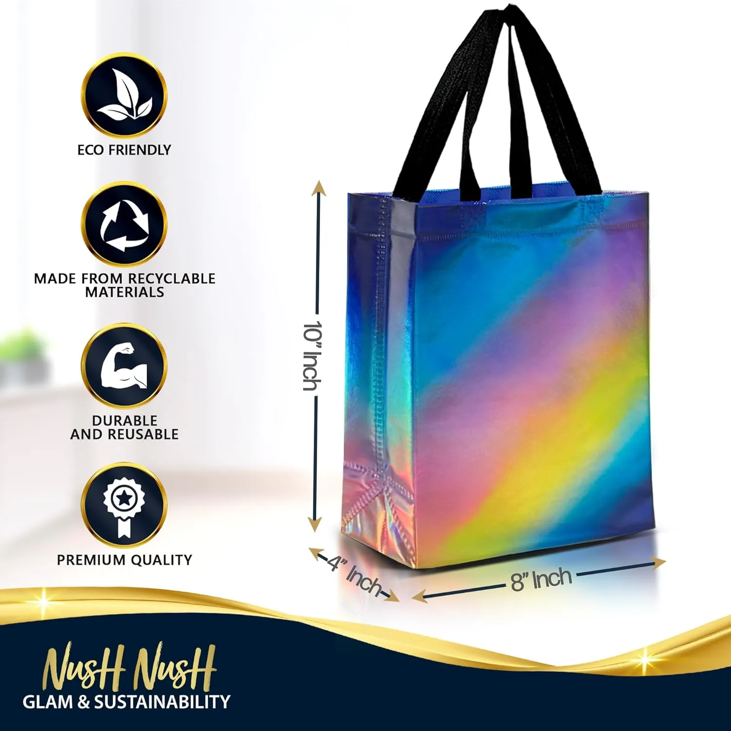Nush Nush Set of 12 Reusable Gradient Gift Bags - 3 Stunning Rainbow Designs - Medium Size (8" x 4" x 10") - Perfect for Birthday, Anniversary, Baby Shower & More