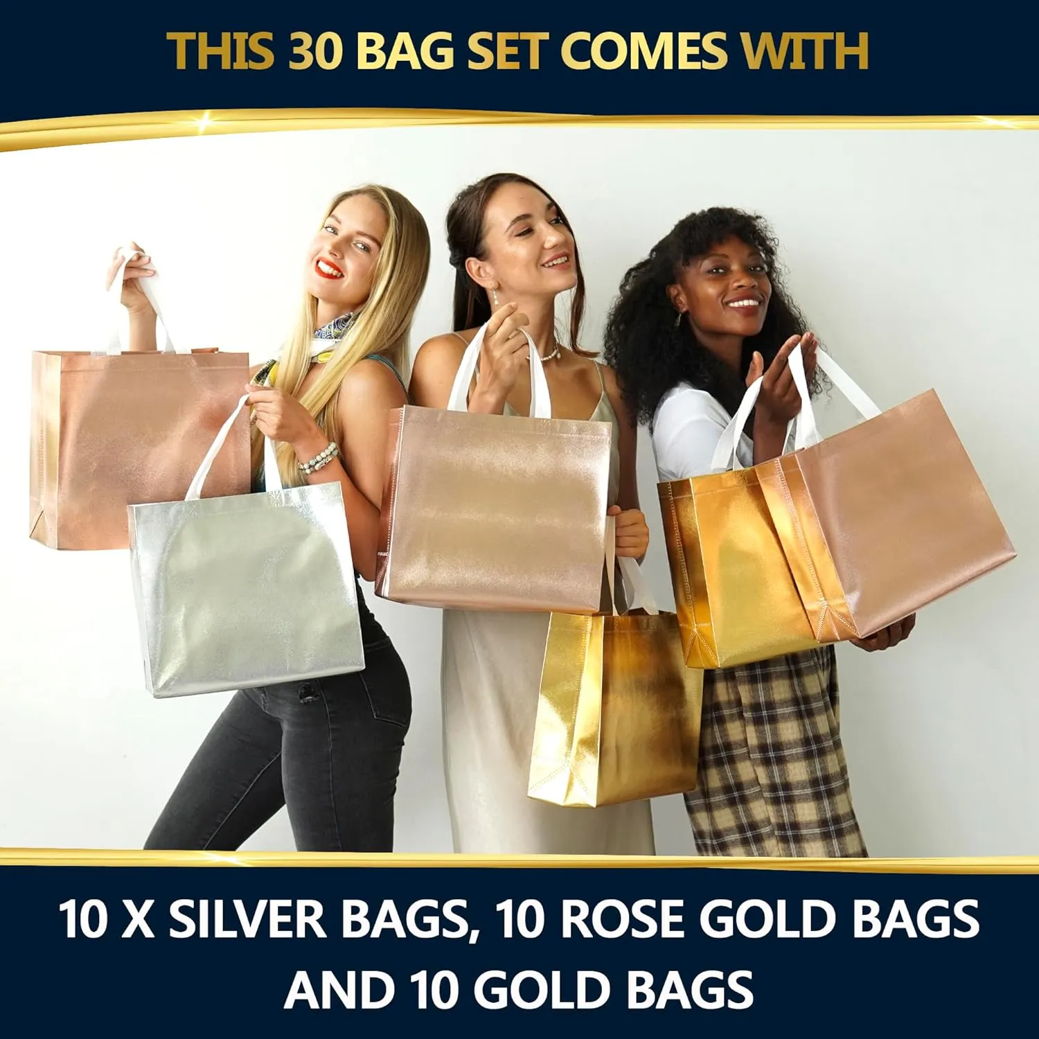 Nush Nush Set of 30 Mix Color Gift Bags In Bulk With 10 Rose Gold, 10 Silver, 10 Gold gift bags With Handles - Party Favors Bags For Small Business, Gifting Events, Christmas, Birthdays - 13Wx5Dx11H