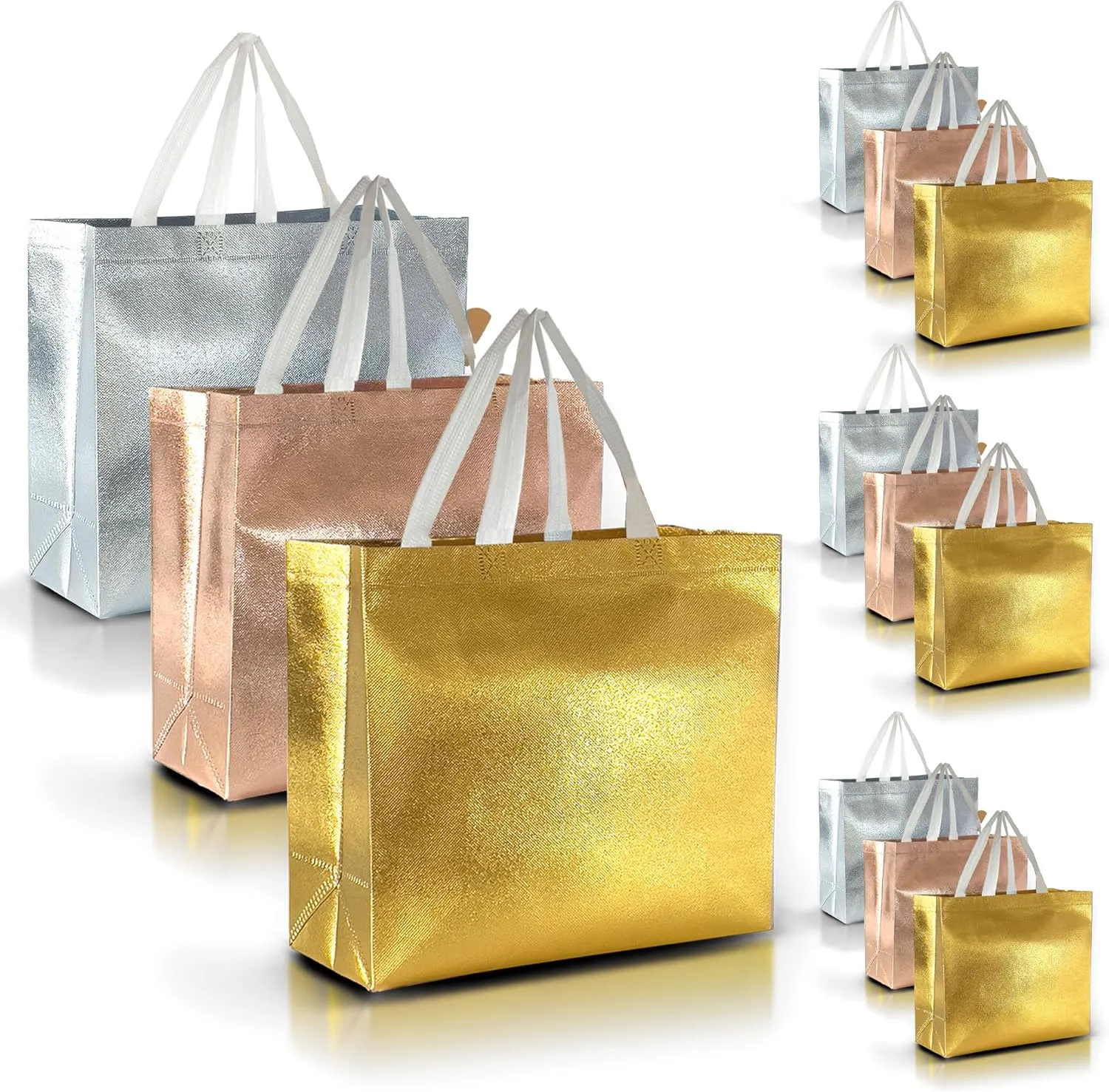 Nush Nush Set of 30 Mix Color Gift Bags In Bulk With 10 Rose Gold, 10 Silver, 10 Gold gift bags With Handles - Party Favors Bags For Small Business, Gifting Events, Christmas, Birthdays - 13Wx5Dx11H