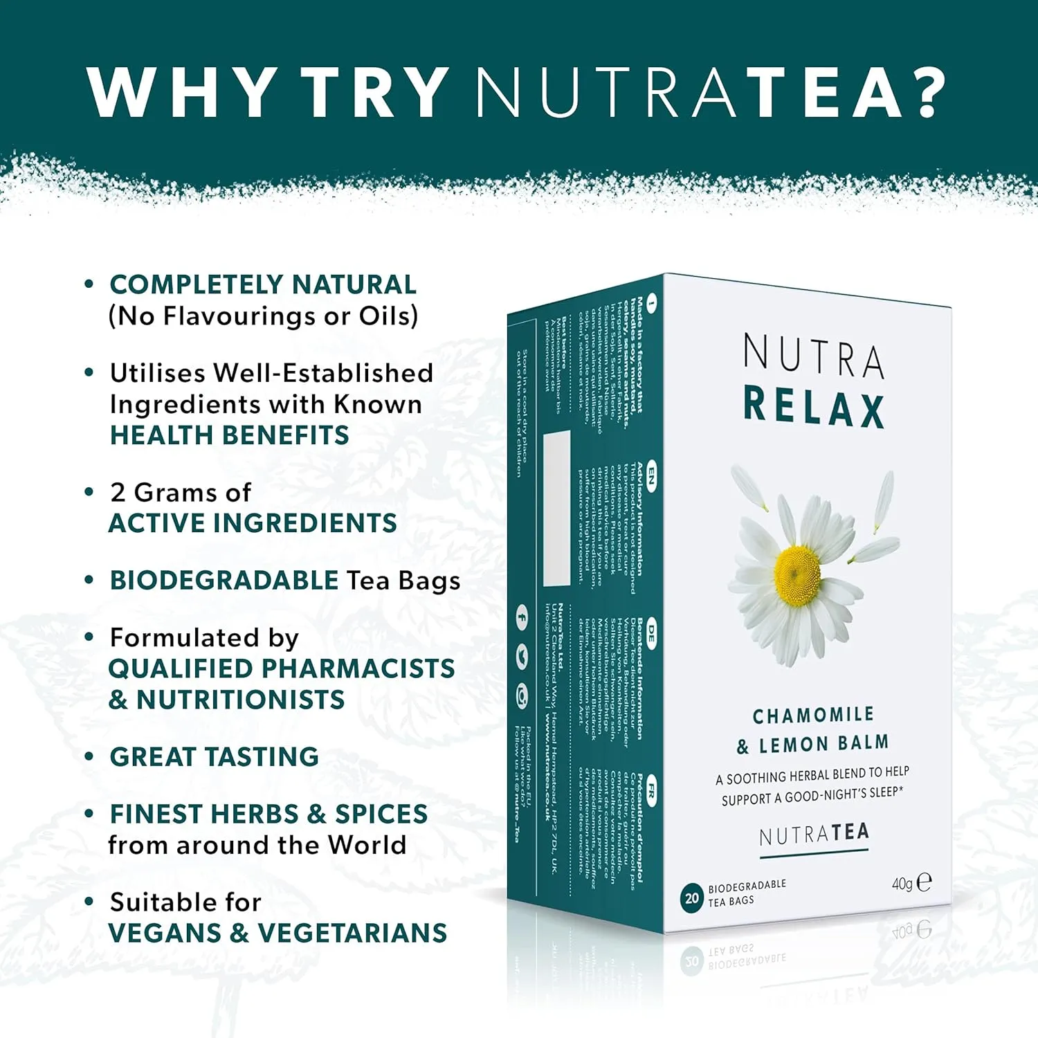 NUTRARELAX - Night Time Tea | Sleep Tea | Calm Tea - Includes Chamomile, Passionflower & Lemon Balm - 60 Enveloped Tea Bags - by Nutra Tea - Herbal Tea - (3 Pack)