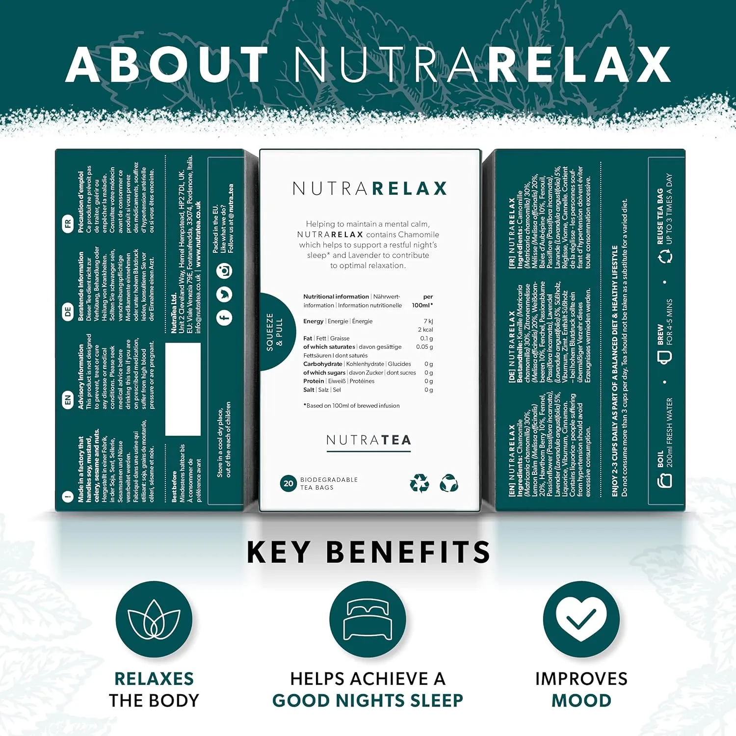 NUTRARELAX - Night Time Tea | Sleep Tea | Calm Tea - Includes Chamomile, Passionflower & Lemon Balm - 60 Enveloped Tea Bags - by Nutra Tea - Herbal Tea - (3 Pack)