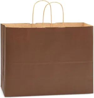 NWP Chocolate Brown Recycled Kraft Paper Shopping Bags - Vogue Size - 16 x 6 x 12in. - Pack of 25