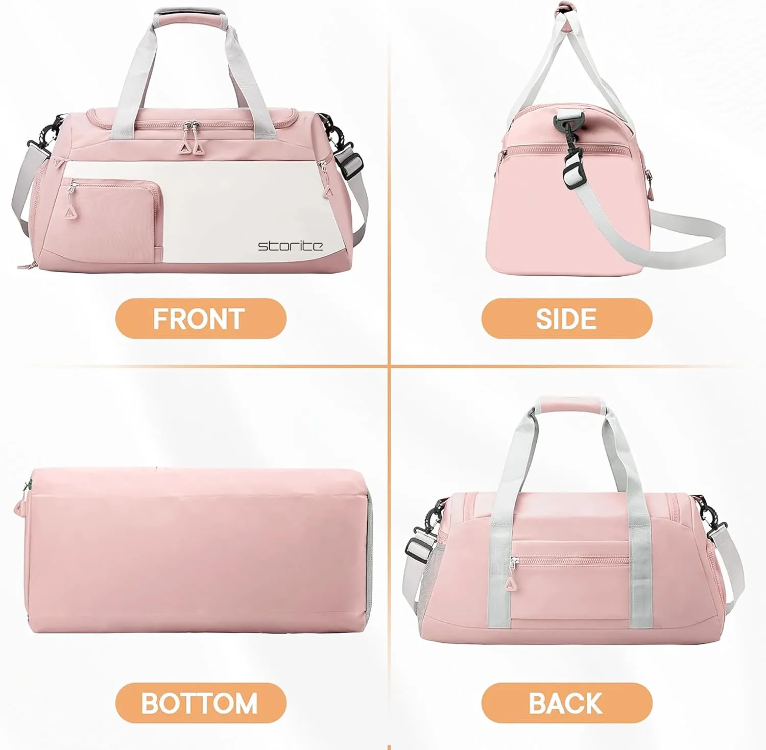 Nylon 48.5 cms Travel Duffle Bag for Women Muti- Pocket Sports Shoulder Duffel Bag with Wet Pocket & Shoe Compartment Weekender Overnight Travel Luggage Garment Bag, Light Pink, Style - 2
