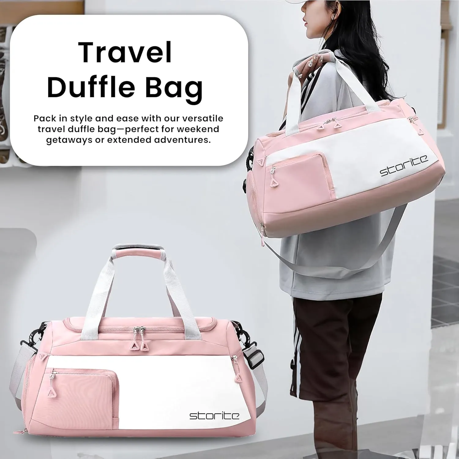 Nylon 48.5 cms Travel Duffle Bag for Women Muti- Pocket Sports Shoulder Duffel Bag with Wet Pocket & Shoe Compartment Weekender Overnight Travel Luggage Garment Bag, Light Pink, Style - 2