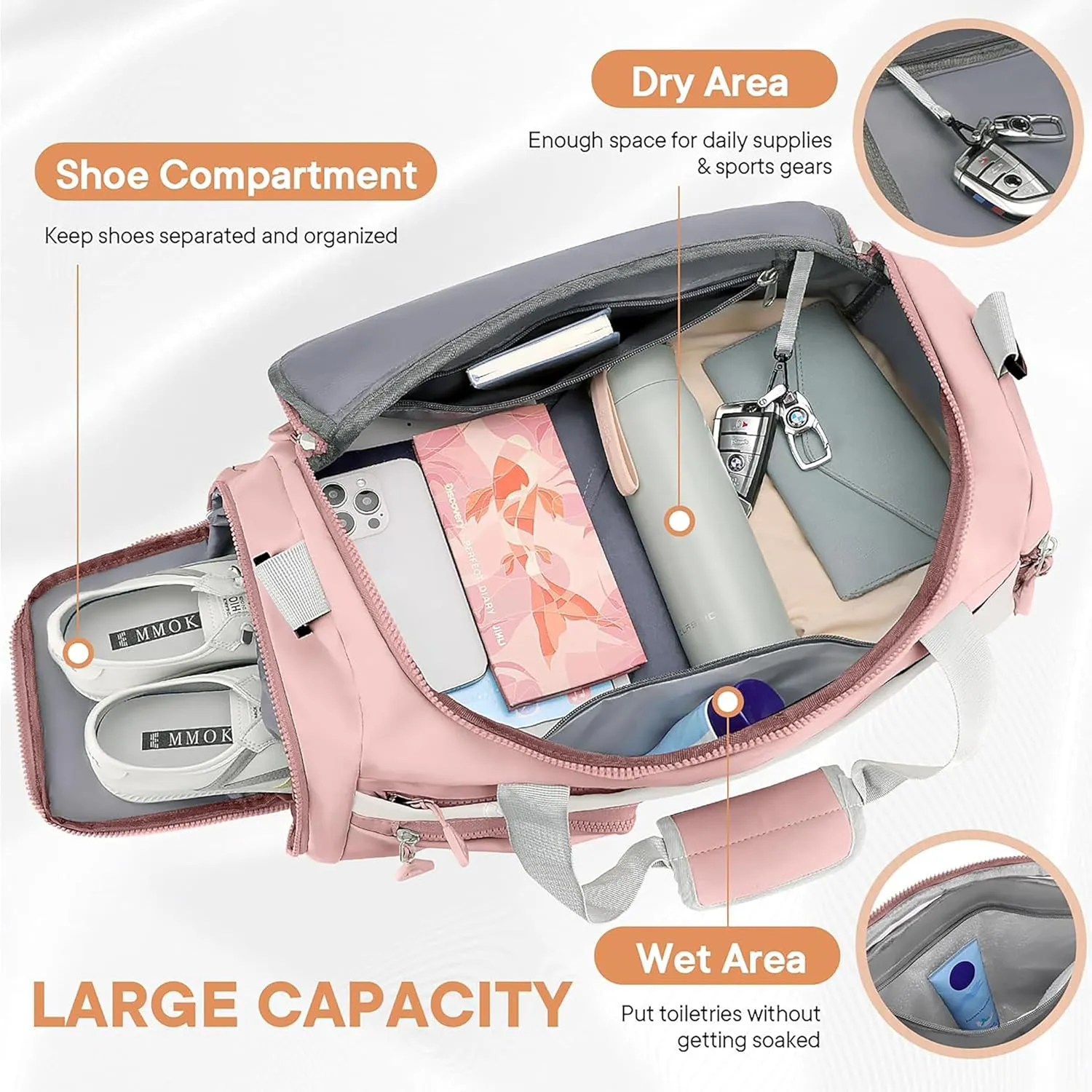 Nylon 48.5 cms Travel Duffle Bag for Women Muti- Pocket Sports Shoulder Duffel Bag with Wet Pocket & Shoe Compartment Weekender Overnight Travel Luggage Garment Bag, Light Pink, Style - 2