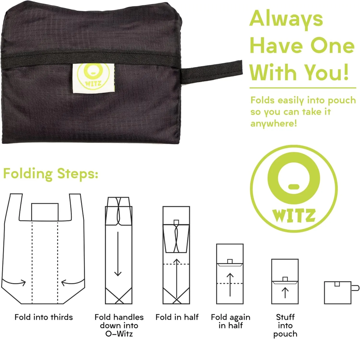 O-WITZ Reusable Grocery Bags | Vibrant Tote Bag For Groceries, Gym, Beach Gear, Toys & More | Washable Design With Large Handles For Maximum Convenience | Folds Into A Small Pouch, Sloth Green