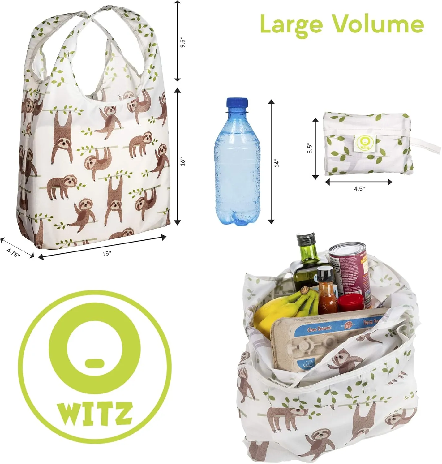 O-WITZ Reusable Grocery Bags | Vibrant Tote Bag For Groceries, Gym, Office Supplies, Beach Gear, Toys & More | Washable Design | Large Handles For Maximum Convenience | Folds Into A Small Pouch, Sloth