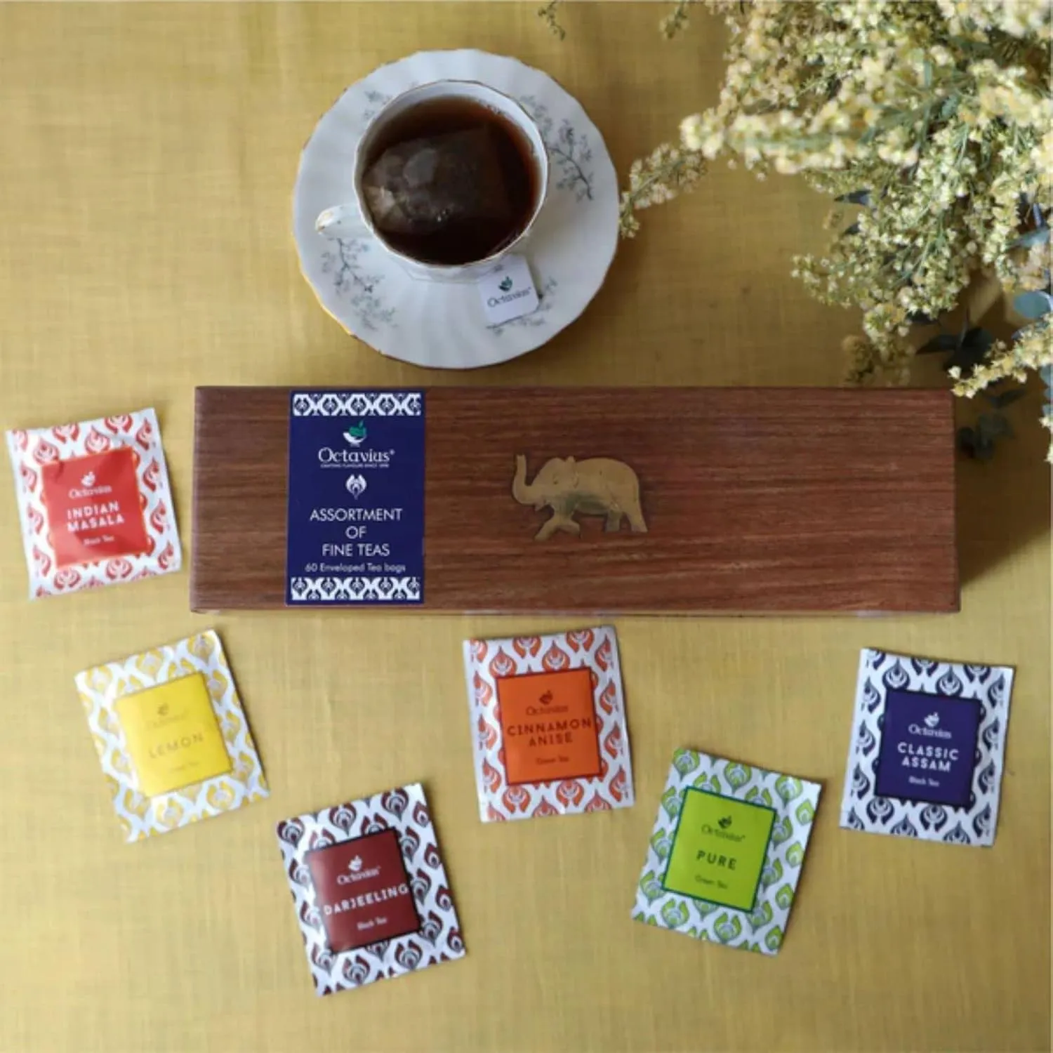 Octavius, Gift's Select - Assorted Tea in Wooden Box | 6 Flavors, 60 Tea Bags | Black & Green Tea | Tea Gifts for Women & Men | Pack of 1