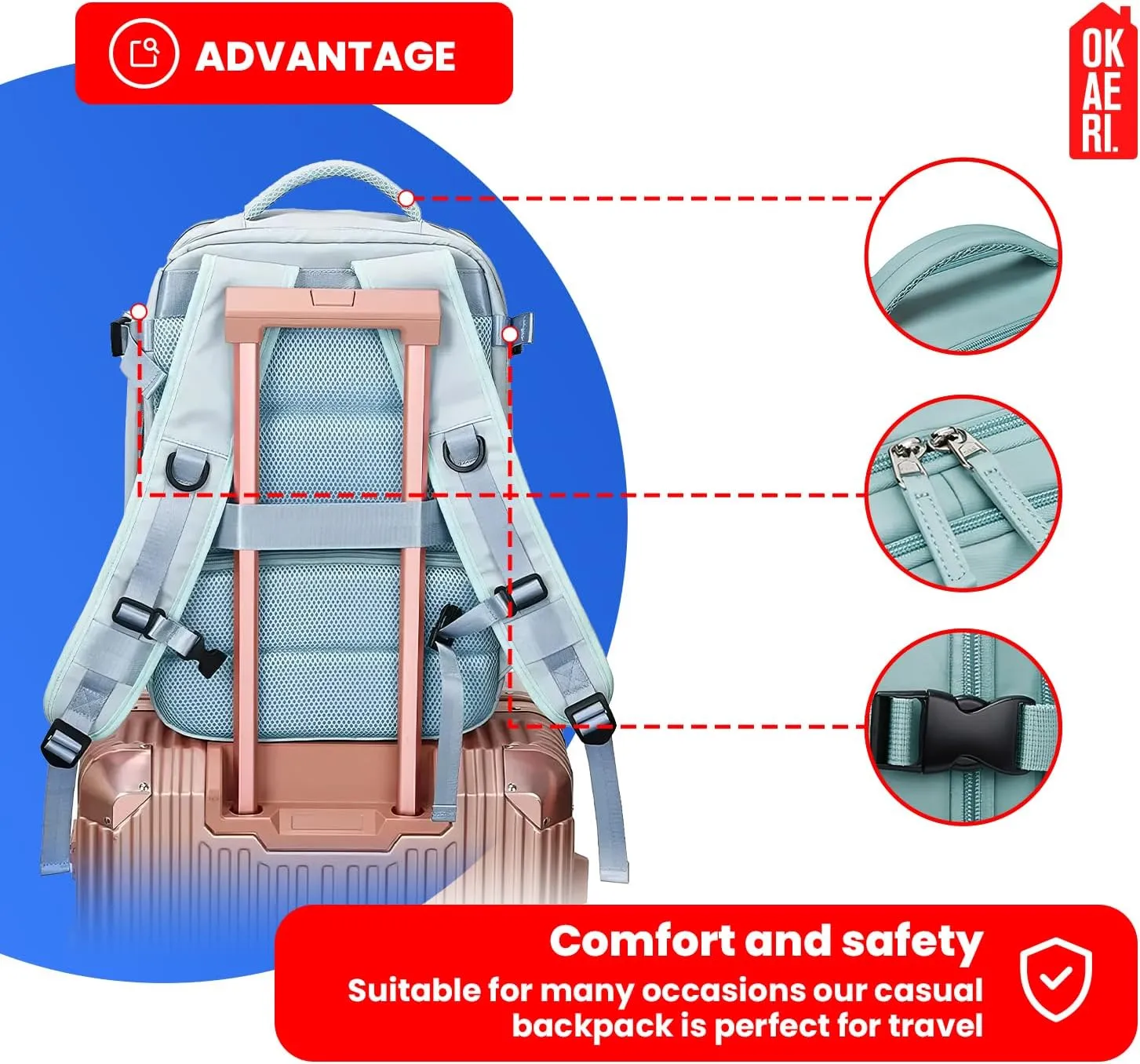 OKAERI. Extra Large Travel Backpack 40L Women Men Carry On USB Port Shoe Pouch Flight Approved Hiking Waterproof Outdoor Sports Rucksack Casual Daypack Travel Essential 18"x12" x8" (Black)