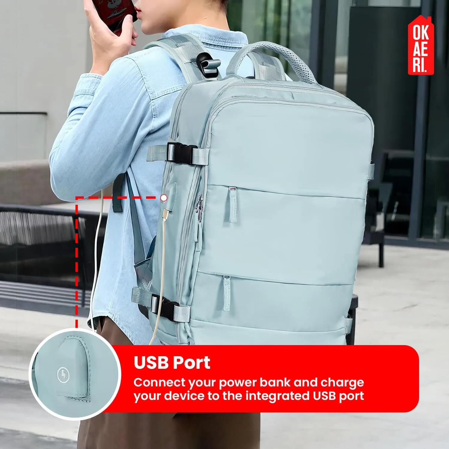 OKAERI. Extra Large Travel Backpack 40L Women Men Carry On USB Port Shoe Pouch Flight Approved Hiking Waterproof Outdoor Sports Rucksack Casual Daypack Travel Essential 18"x12" x8" (Black)