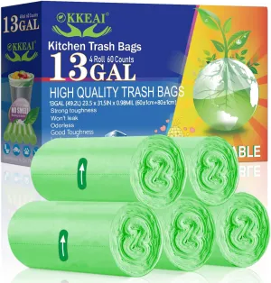 OKKEAI Large Garbage Bags 13 Gallon Tall Kitchen Green Trash Bags 49 Liter Bin Liners for Lawn Yard,Home,Office,60 Counts (Fits 10-15 Gallon Bins)