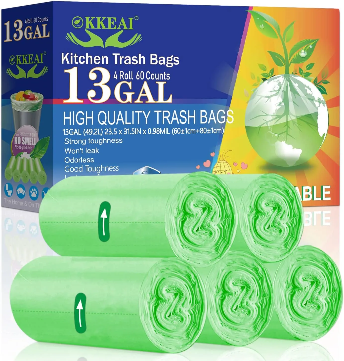 OKKEAI Large Garbage Bags 13 Gallon Tall Kitchen Green Trash Bags 49 Liter Bin Liners for Lawn Yard,Home,Office,60 Counts (Fits 10-15 Gallon Bins)