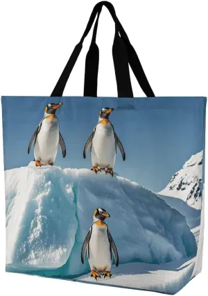One Shoulder Shopping Bag with Handles Penguins On The Iceberg Printed Storage Grocery Bag Reusable Shopping Bag for Travel Commuting Daily Use