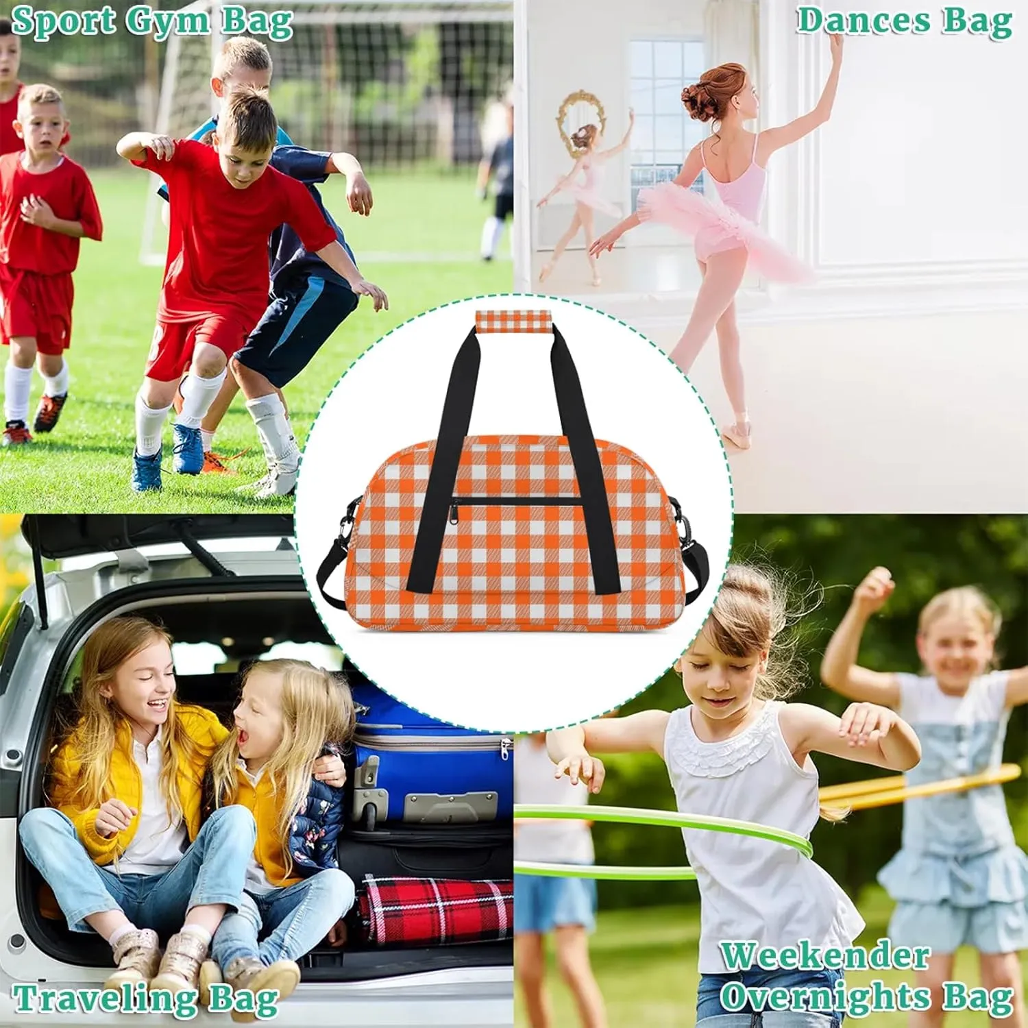 Orange Buffalo Plaid 18 inch Small Gym Bag for Women and Men, Lightweight Carry On Weekender Bag Mini Duffel Bag for Travel Sports Workout