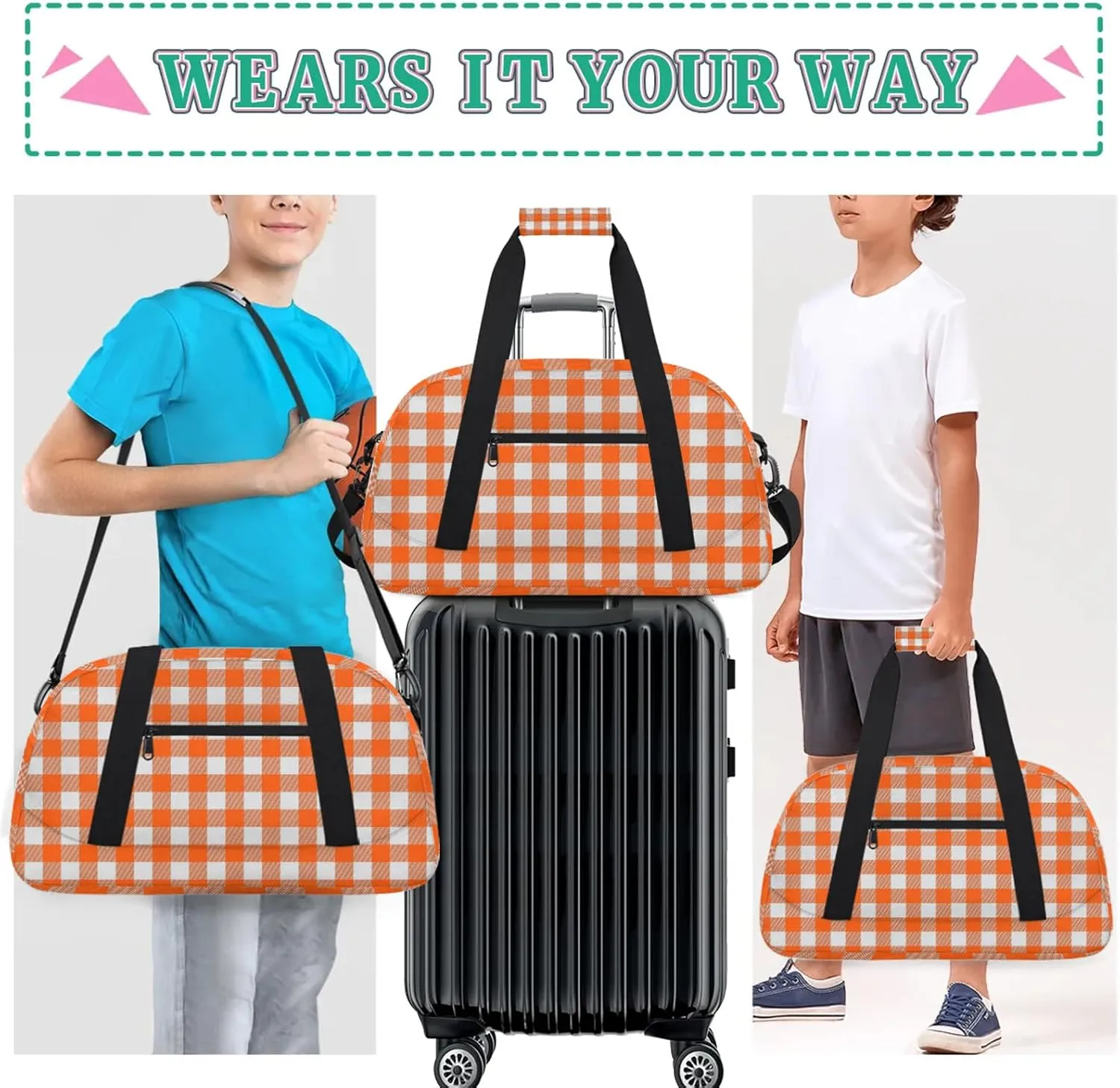 Orange Buffalo Plaid 18 inch Small Gym Bag for Women and Men, Lightweight Carry On Weekender Bag Mini Duffel Bag for Travel Sports Workout