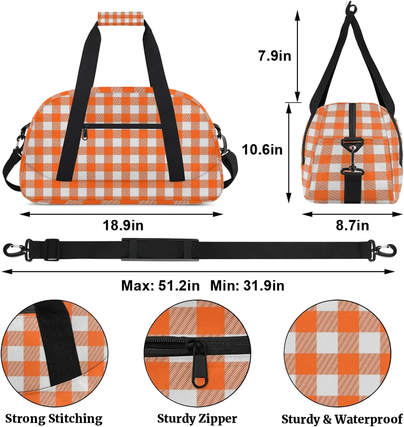 Orange Buffalo Plaid 18 inch Small Gym Bag for Women and Men, Lightweight Carry On Weekender Bag Mini Duffel Bag for Travel Sports Workout