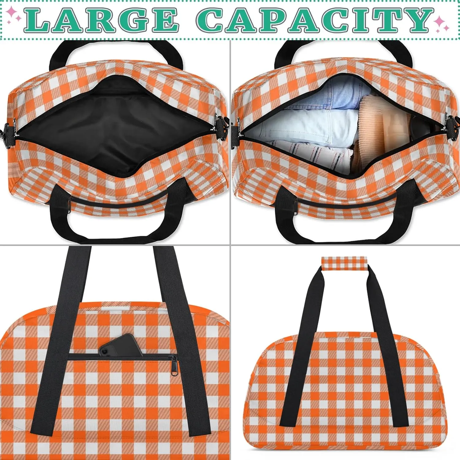 Orange Buffalo Plaid 18 inch Small Gym Bag for Women and Men, Lightweight Carry On Weekender Bag Mini Duffel Bag for Travel Sports Workout