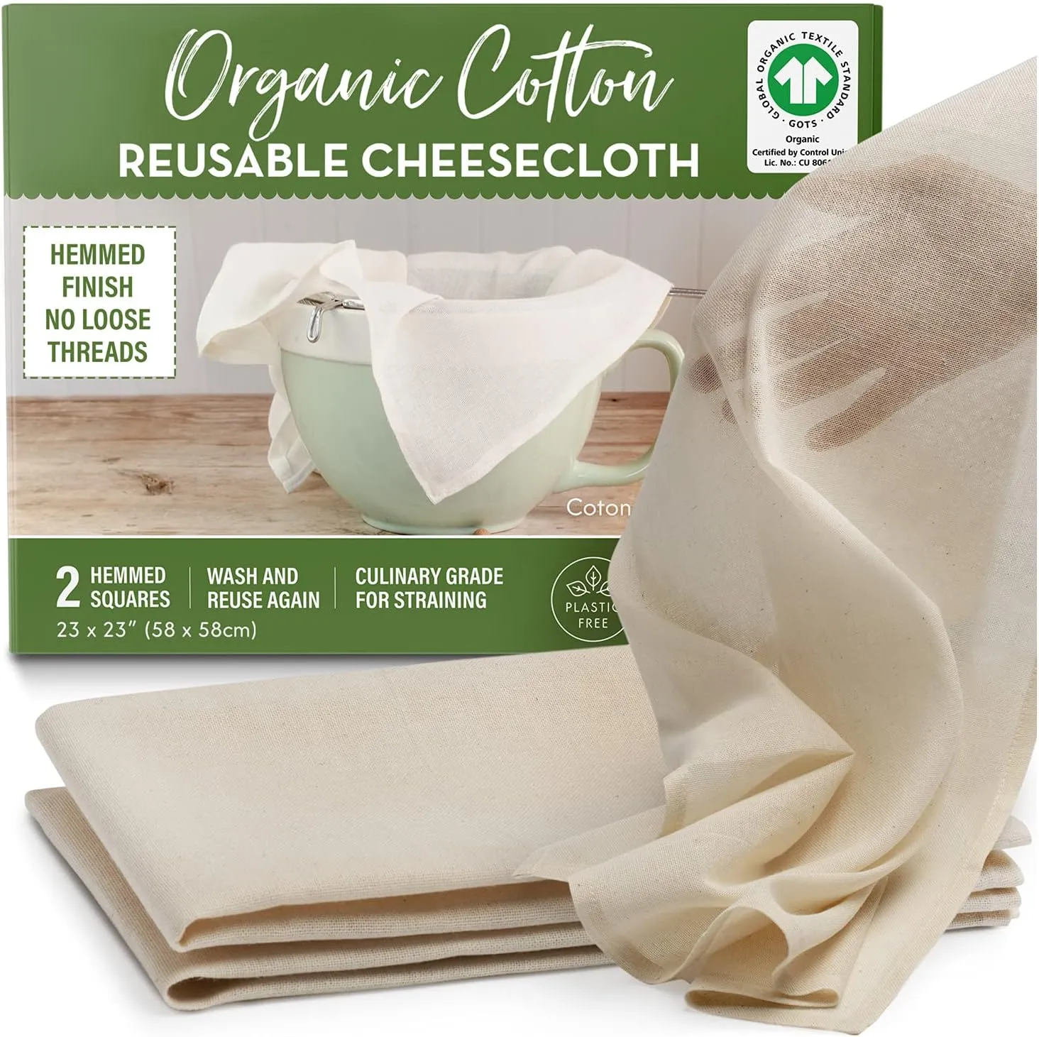 Organic Unbleached Cotton Cheesecloth for Straining - 2 Reusable Hemmed Squares, GOTS Certified, Fine Reusable Strainer – Large 23" x 23"