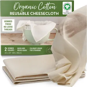 Organic Unbleached Cotton Cheesecloth for Straining - 2 Reusable Hemmed Squares, GOTS Certified, Fine Reusable Strainer – Large 23" x 23"
