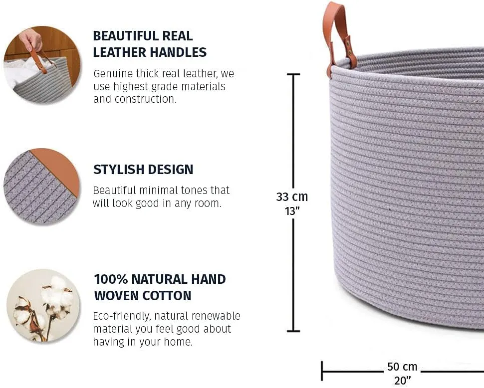 OrganiHaus Gray Woven Laundry Basket 20x13, Blanket Holder for Living Room, Big Throw Blanket Basket Hamper, Extra Large Storage Basket for Shoes, Large Basket for Blankets, Bin for Towels