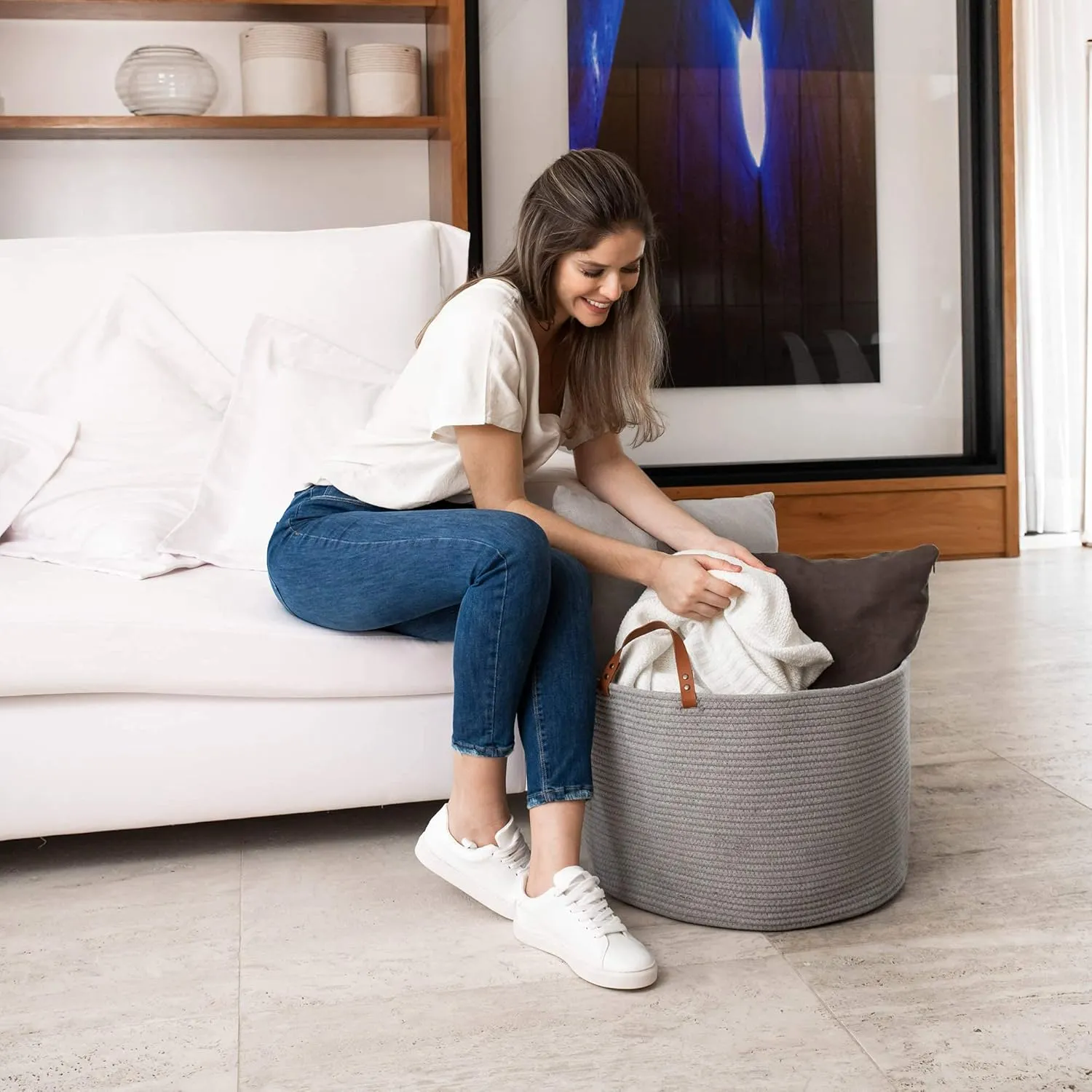 OrganiHaus Gray Woven Laundry Basket 20x13, Blanket Holder for Living Room, Big Throw Blanket Basket Hamper, Extra Large Storage Basket for Shoes, Large Basket for Blankets, Bin for Towels