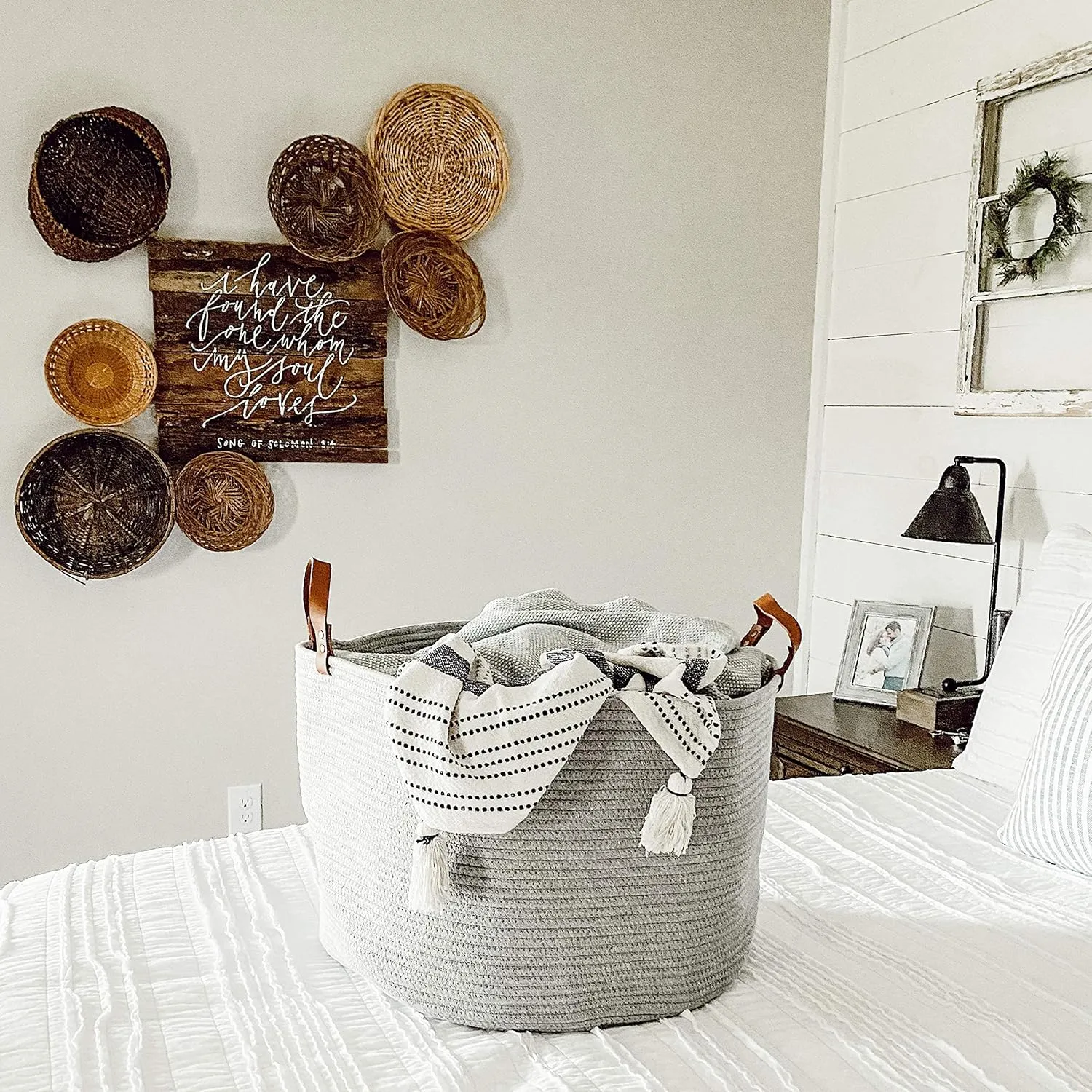 OrganiHaus Gray Woven Laundry Basket 20x13, Blanket Holder for Living Room, Big Throw Blanket Basket Hamper, Extra Large Storage Basket for Shoes, Large Basket for Blankets, Bin for Towels