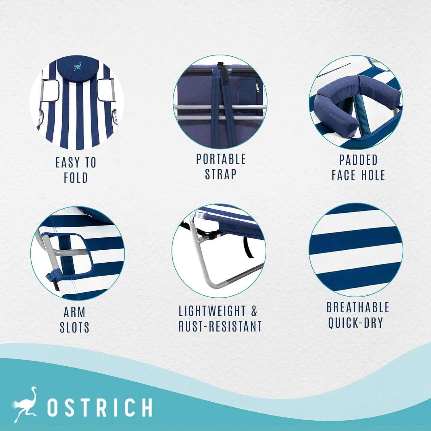 Ostrich Beach Lounge Chair, Folding & Reclining Outdoor Backpack Chaise Lounger, Navy/White Striped