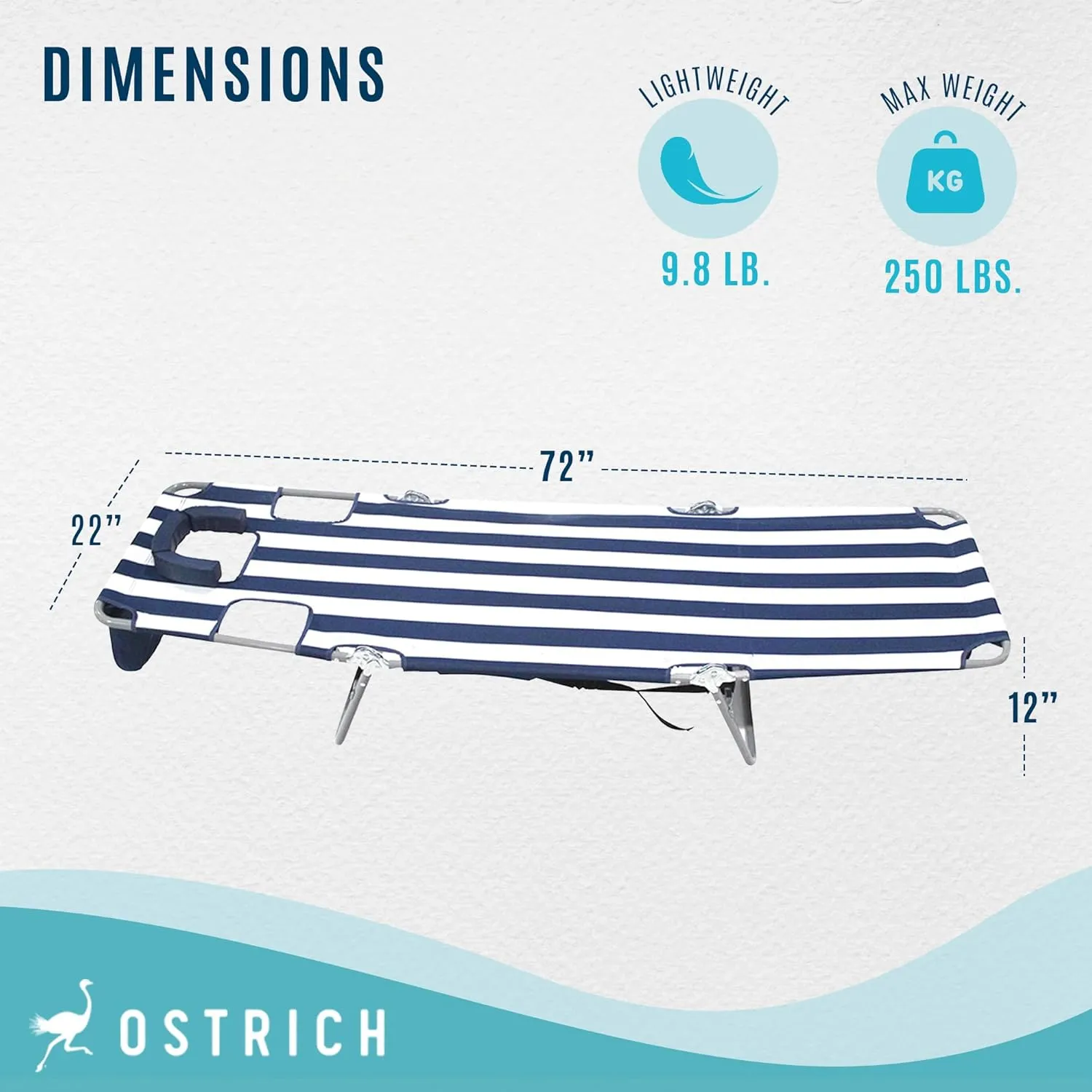 Ostrich Beach Lounge Chair, Folding & Reclining Outdoor Backpack Chaise Lounger, Navy/White Striped