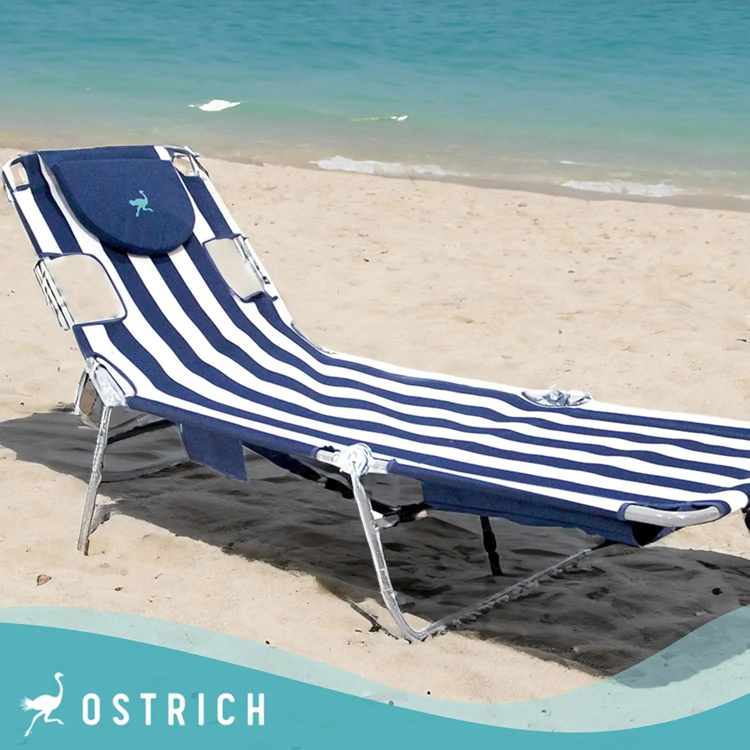 Ostrich Beach Lounge Chair, Folding & Reclining Outdoor Backpack Chaise Lounger, Navy/White Striped