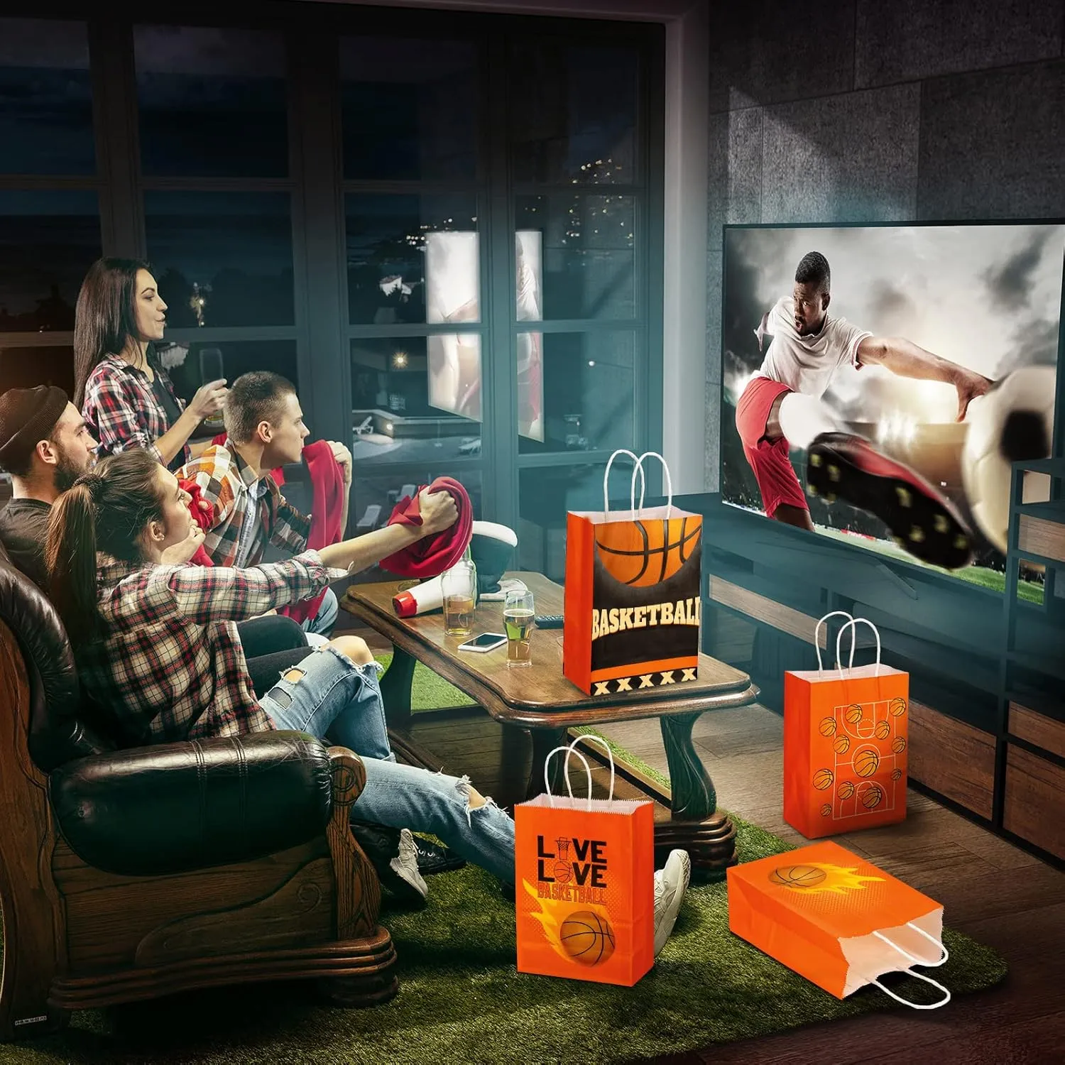 Outus 24 Pcs Basketball Gift Bags Basketball Party Favor Bags Basketball Goody Treat Candy Paper Bags with Handles Basketball Party Decorations for Kids Sports Themed Birthday Party Supplies