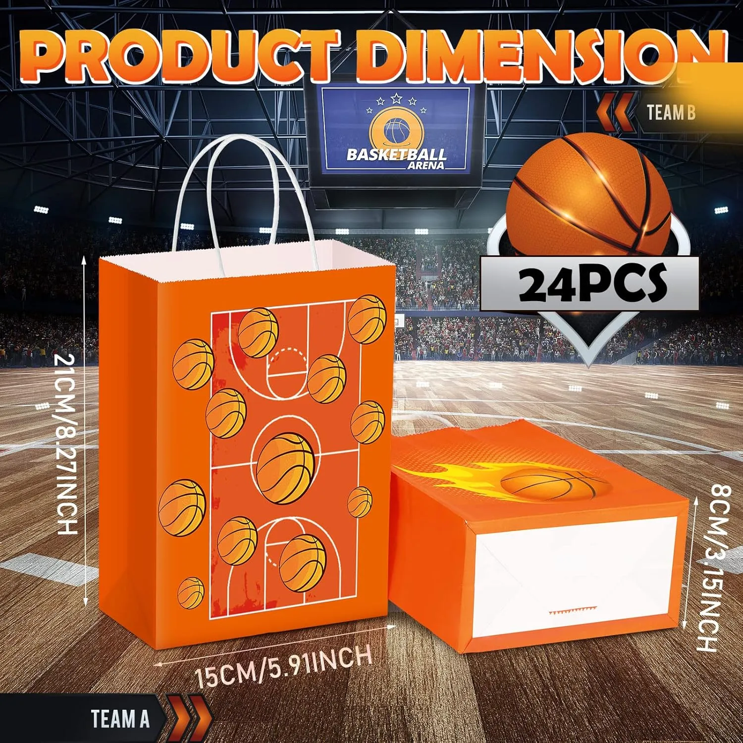 Outus 24 Pcs Basketball Gift Bags Basketball Party Favor Bags Basketball Goody Treat Candy Paper Bags with Handles Basketball Party Decorations for Kids Sports Themed Birthday Party Supplies