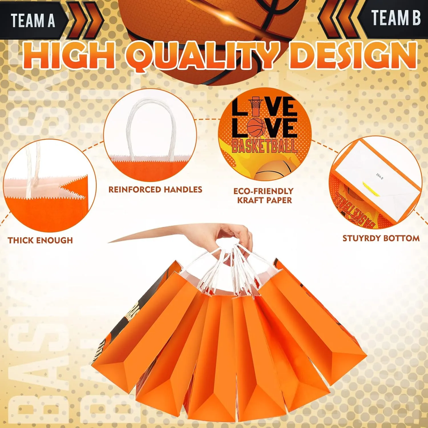 Outus 24 Pcs Basketball Gift Bags Basketball Party Favor Bags Basketball Goody Treat Candy Paper Bags with Handles Basketball Party Decorations for Kids Sports Themed Birthday Party Supplies
