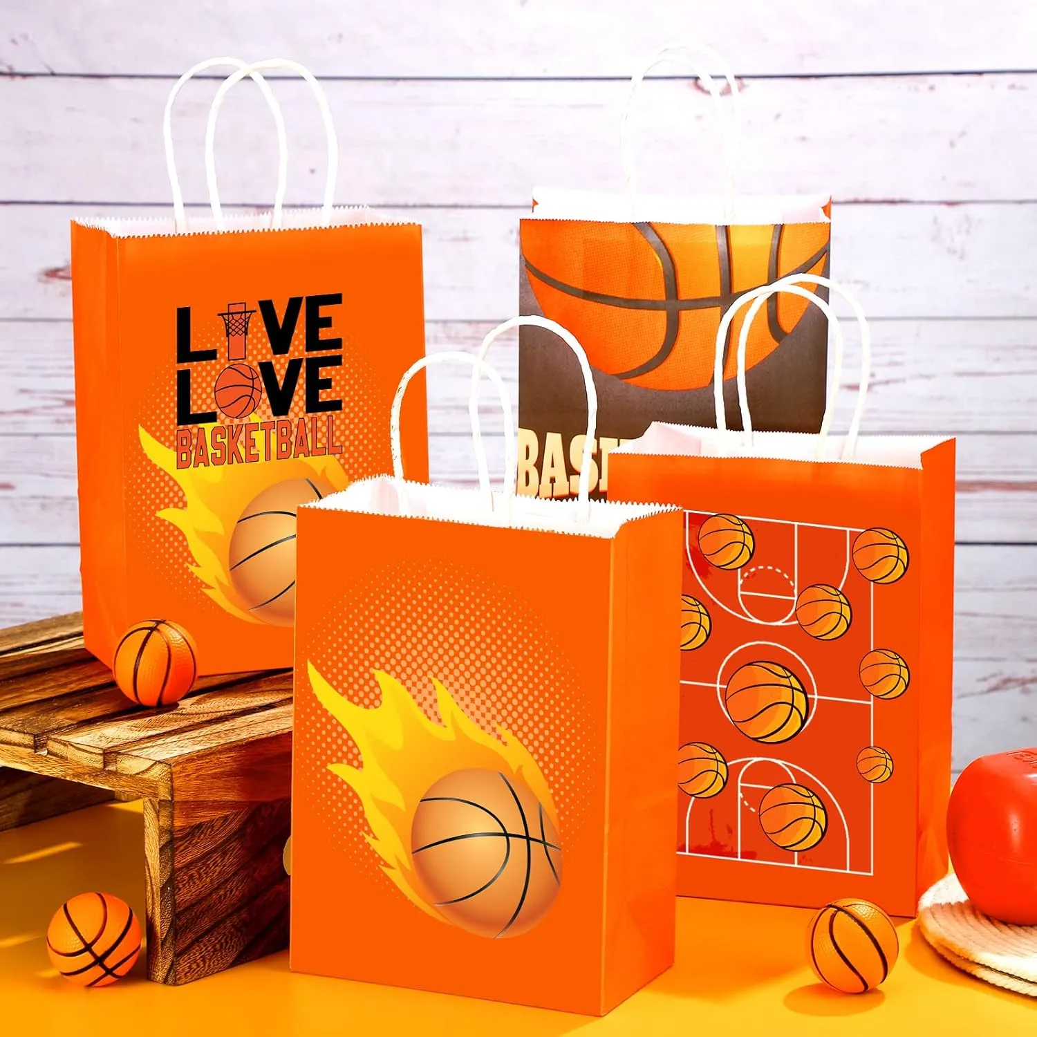 Outus 24 Pcs Basketball Gift Bags Basketball Party Favor Bags Basketball Goody Treat Candy Paper Bags with Handles Basketball Party Decorations for Kids Sports Themed Birthday Party Supplies