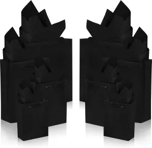 Outus 24 Sets Black Gift Bags Paper Kraft Bags with 24 Pcs Copy Papers 4 Different Sizes in 6/8/11/13 Inches for Birthday Graduations Parties Wedding