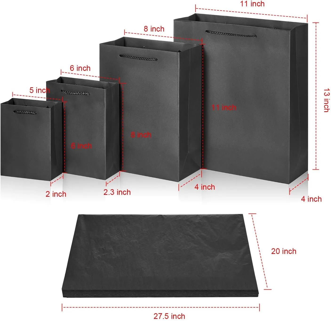 Outus 24 Sets Black Gift Bags Paper Kraft Bags with 24 Pcs Copy Papers 4 Different Sizes in 6/8/11/13 Inches for Birthday Graduations Parties Wedding