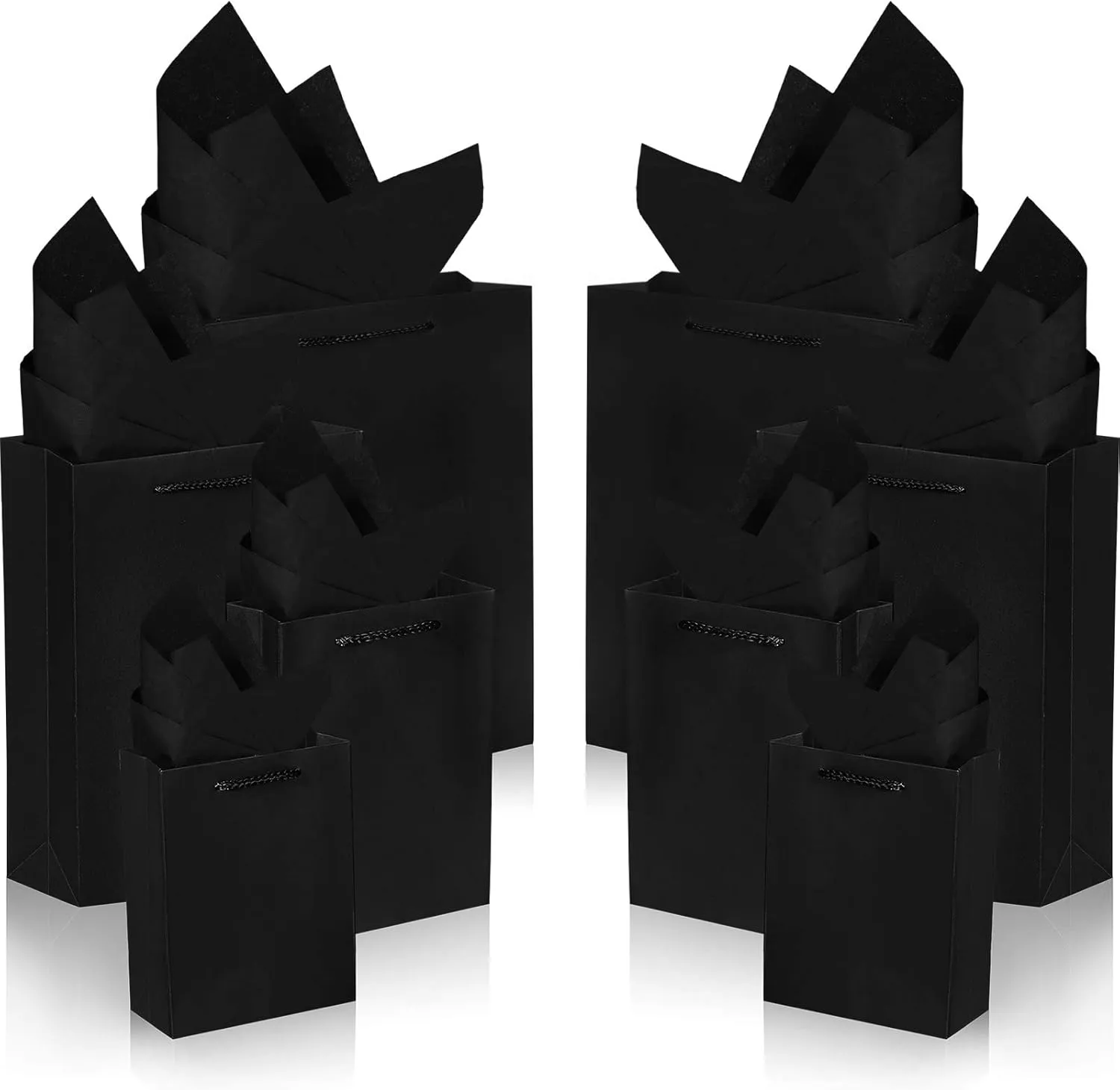 Outus 24 Sets Black Gift Bags Paper Kraft Bags with 24 Pcs Copy Papers 4 Different Sizes in 6/8/11/13 Inches for Birthday Graduations Parties Wedding