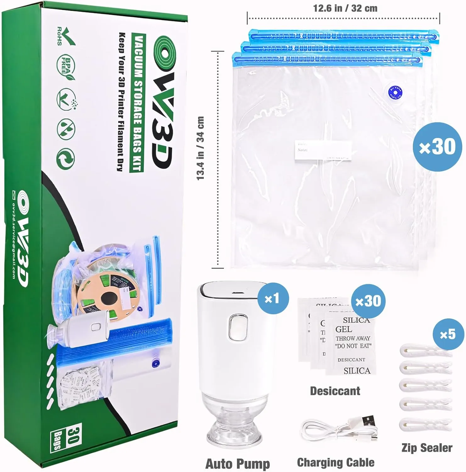 OVV3D Filament Storage Bags 30pcs, PLUS SIZE 32X34cm 3D Printer Filament Storage Bags Vacuum Sealed Kit with 30 Desiccants, Auto Pump,Perfect for 3D Filament Storage or Using After Filament Dryer Box