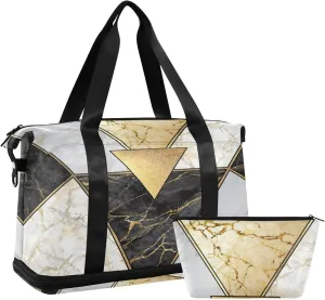 Oyihfvs Modern Marbling Gold Black White Marble Geometric Triangle Granite Foldable Travel Bag, Camping Luggage bag, Portable Gym Bag, Sports Bag, Toiletry Bag with Handles Adjustable Shoulder Strap