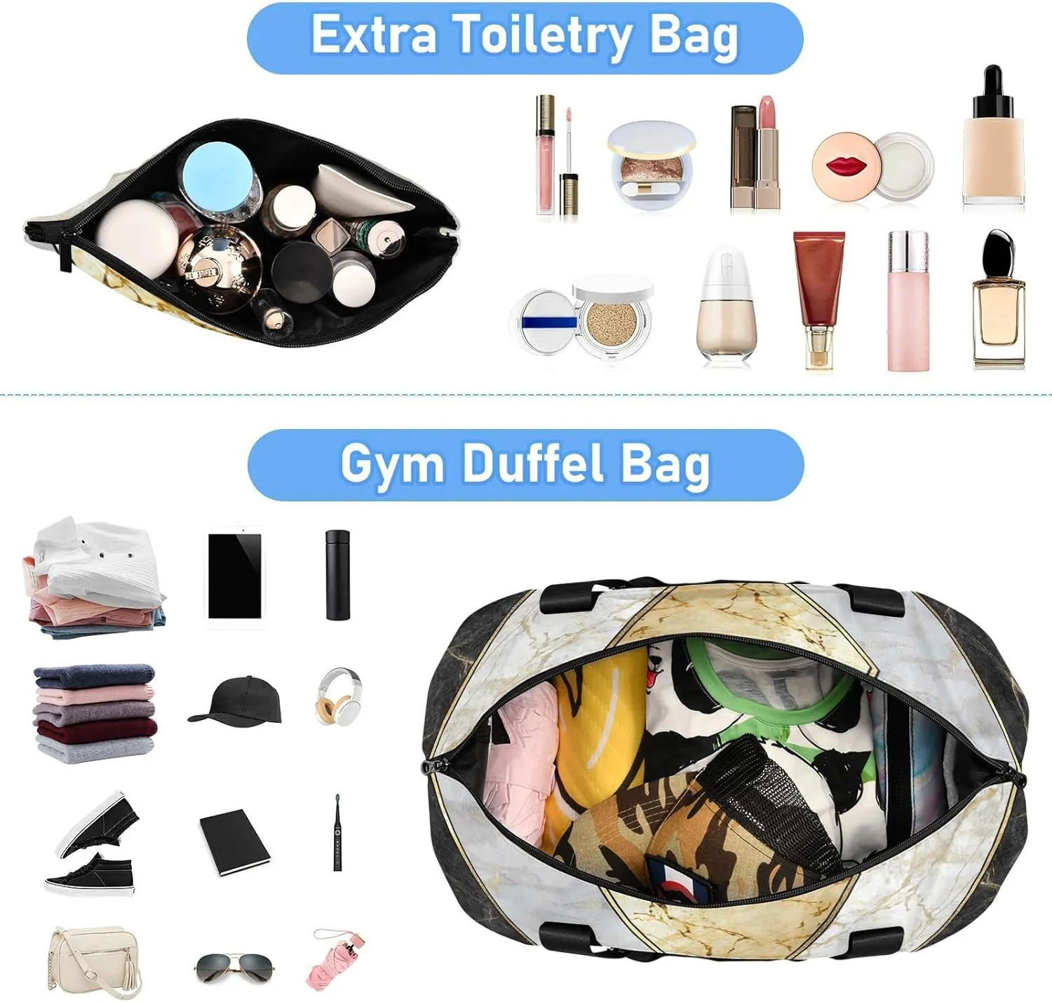 Oyihfvs Modern Marbling Gold Black White Marble Geometric Triangle Granite Foldable Travel Bag, Camping Luggage bag, Portable Gym Bag, Sports Bag, Toiletry Bag with Handles Adjustable Shoulder Strap