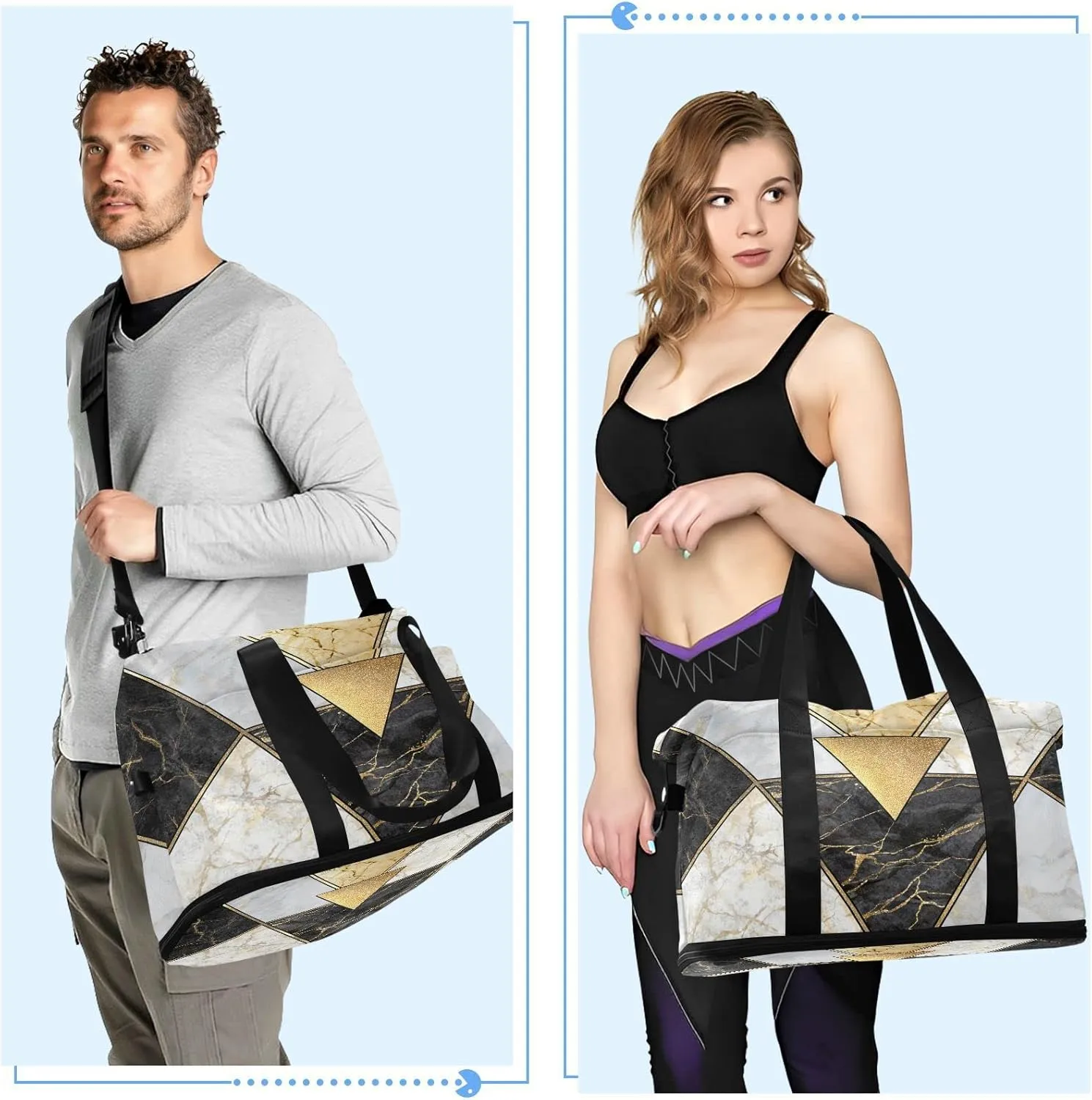 Oyihfvs Modern Marbling Gold Black White Marble Geometric Triangle Granite Foldable Travel Bag, Camping Luggage bag, Portable Gym Bag, Sports Bag, Toiletry Bag with Handles Adjustable Shoulder Strap