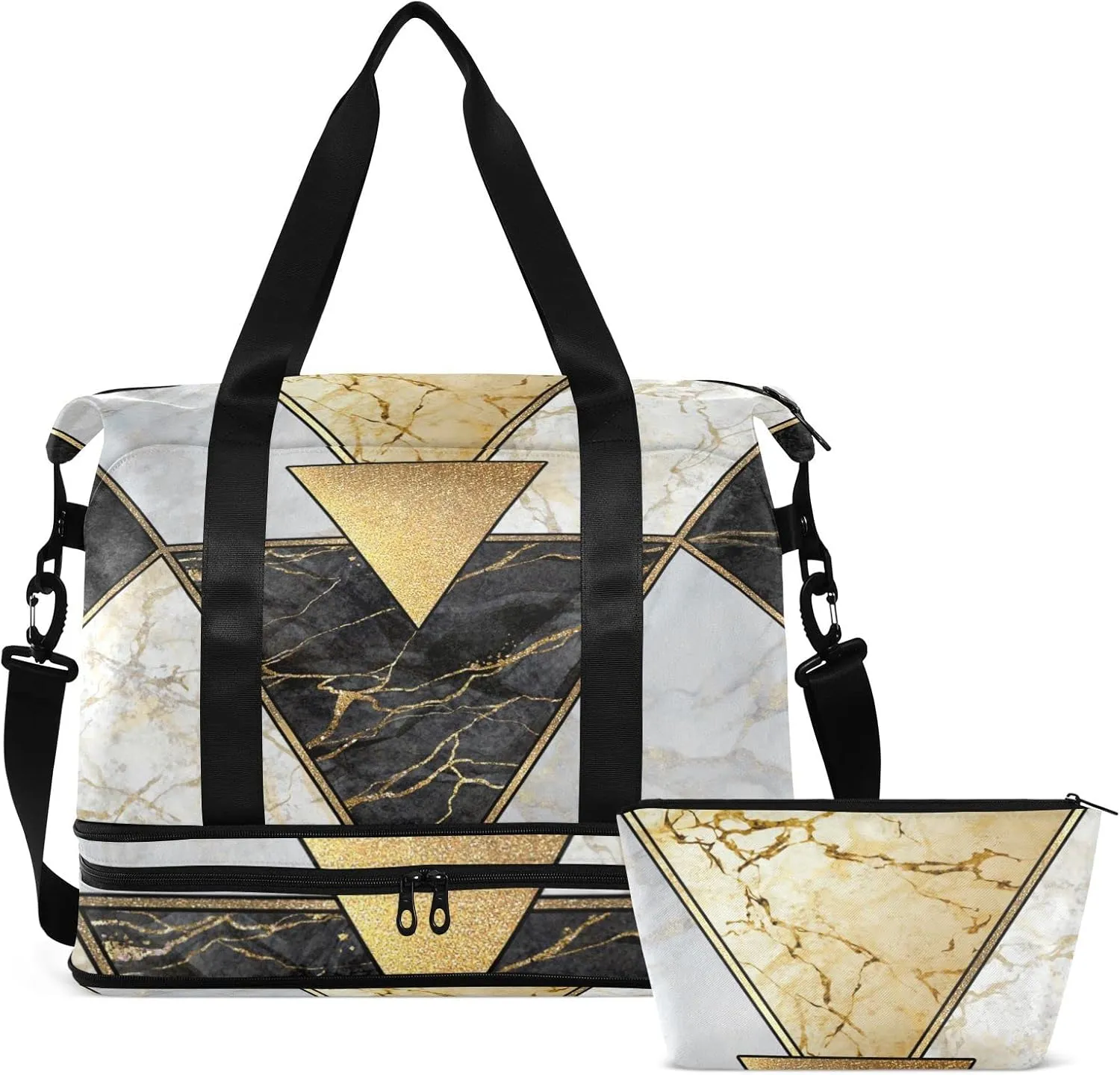 Oyihfvs Modern Marbling Gold Black White Marble Geometric Triangle Granite Foldable Travel Bag, Camping Luggage bag, Portable Gym Bag, Sports Bag, Toiletry Bag with Handles Adjustable Shoulder Strap