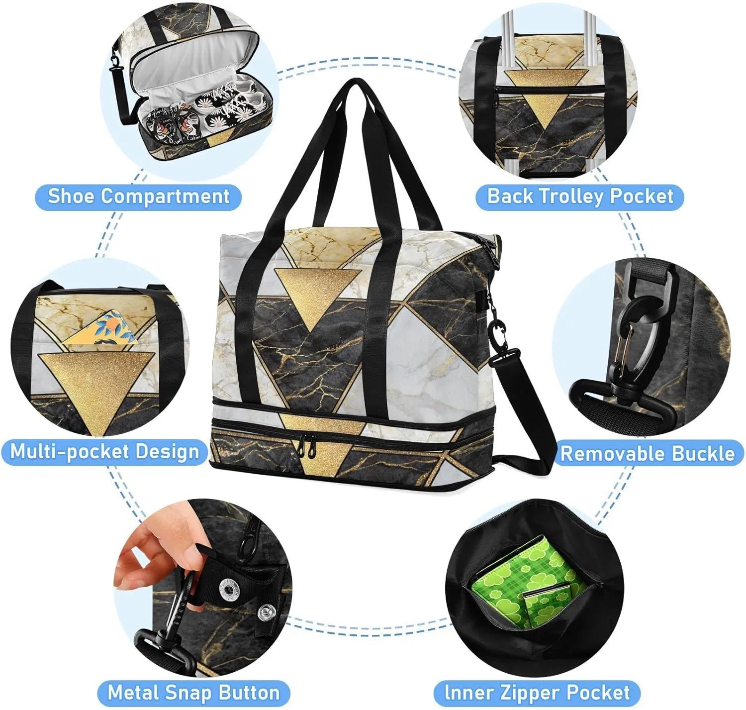 Oyihfvs Modern Marbling Gold Black White Marble Geometric Triangle Granite Foldable Travel Bag, Camping Luggage bag, Portable Gym Bag, Sports Bag, Toiletry Bag with Handles Adjustable Shoulder Strap